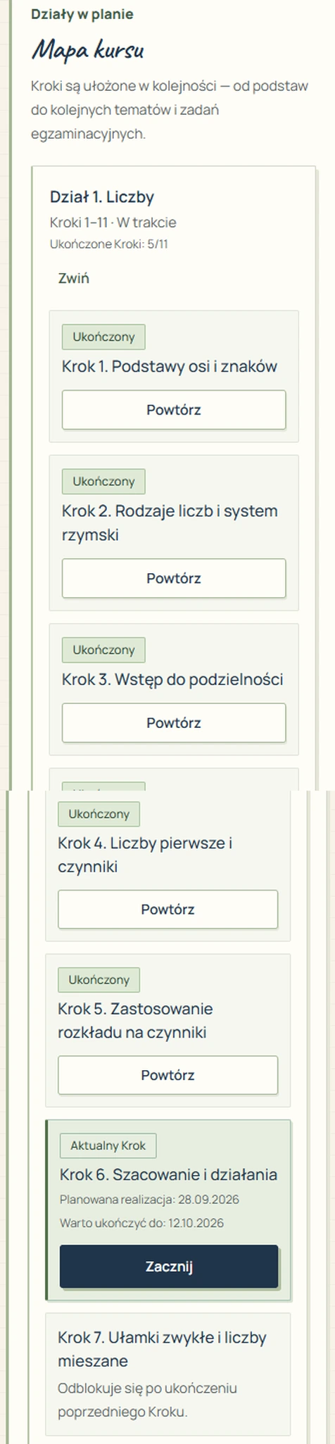 Prawdziwy fragment mapy kursu — kolejne Kroki