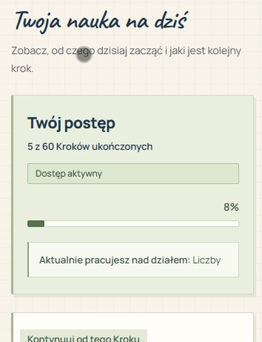 Prawdziwy fragment panelu ucznia: Twoja nauka na dziś